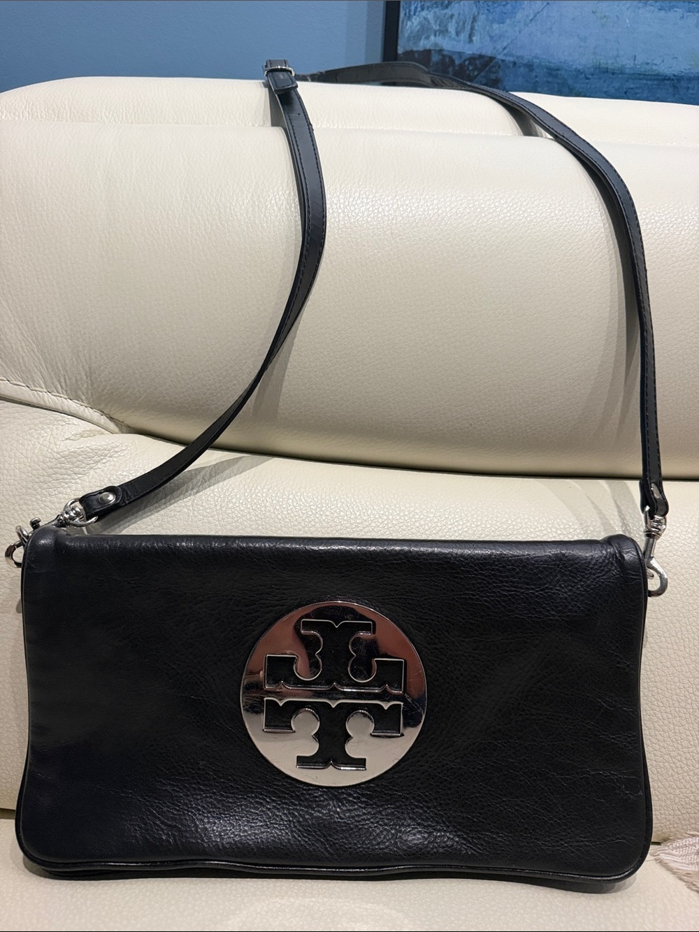 Tory Burch Black Leather Crossbody with Silver Logo Plaque